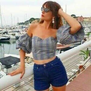 Zara Premium Denim Collection Plaid Crop Top  🍂